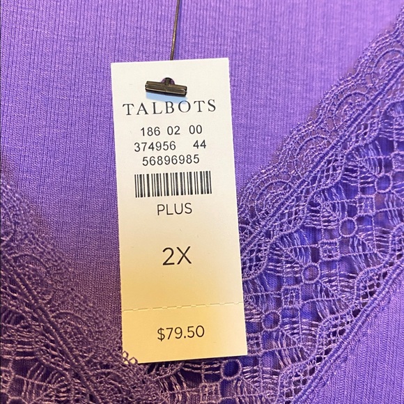 Talbots Lace Trim V-Neck Tee NWT Women’s 2X Purple Short Sleeve Ribbed Shirt - Picture 6 of 13